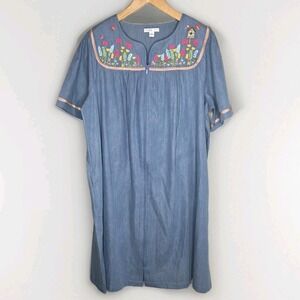 GO SOFTLY PATIO DRESS‎ Embroidered Bird House 100% COTTON Denim Blue 2XL Muu Muu